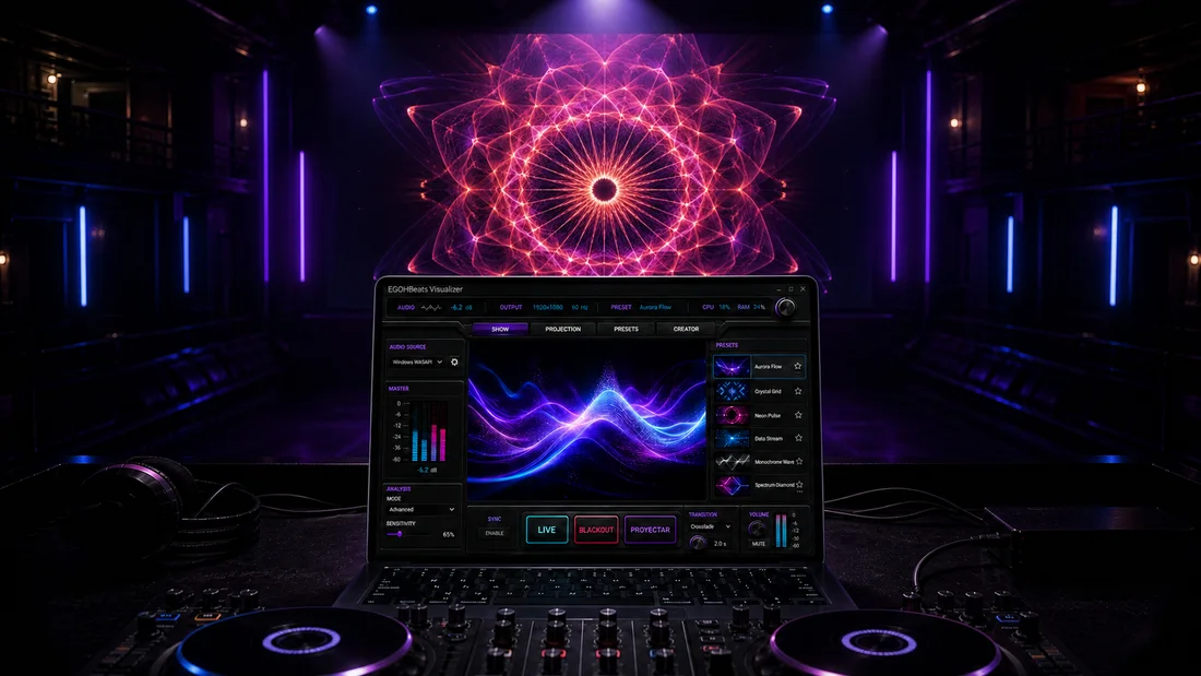 Representación conceptual de una visual real de EGOHBeats proyectada durante un set de DJ.