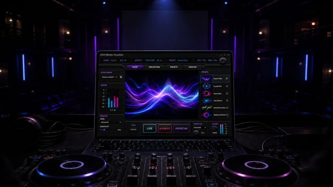 Representación conceptual de una computadora con la interfaz actual de EGOHBeats Visualizer en una cabina de DJ.