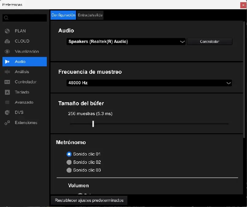 Preferencias reales de rekordbox 7 con Audio seleccionado y Speakers Realtek como salida Windows.