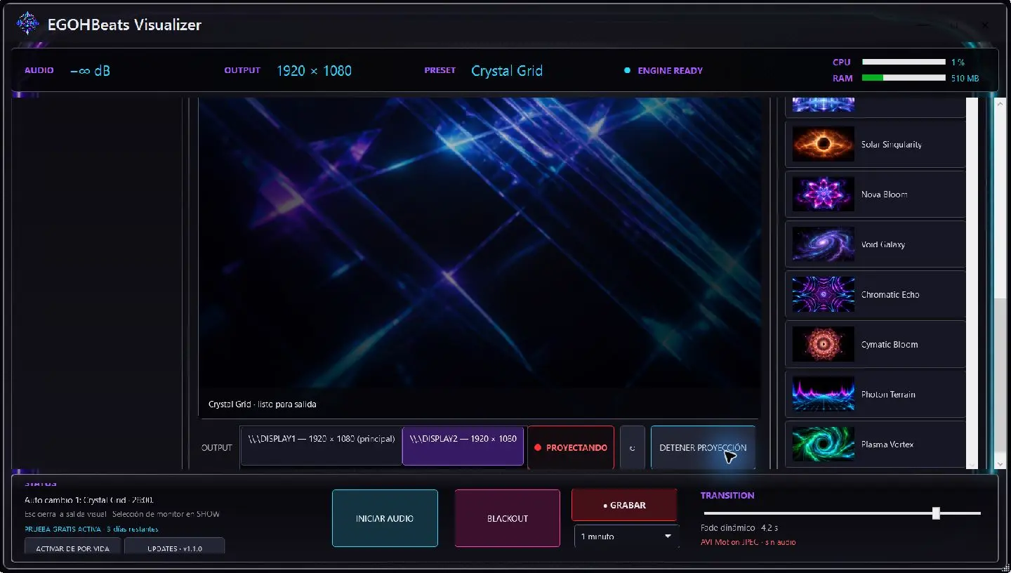 Captura real de Visualizer 1.1.0 con el segundo monitor seleccionado y proyección activa.